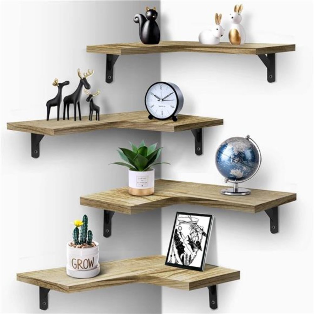 Floating Corner Shelves, Wall Shelves Set of 4, Wall Mounted Wood (Light Brown)